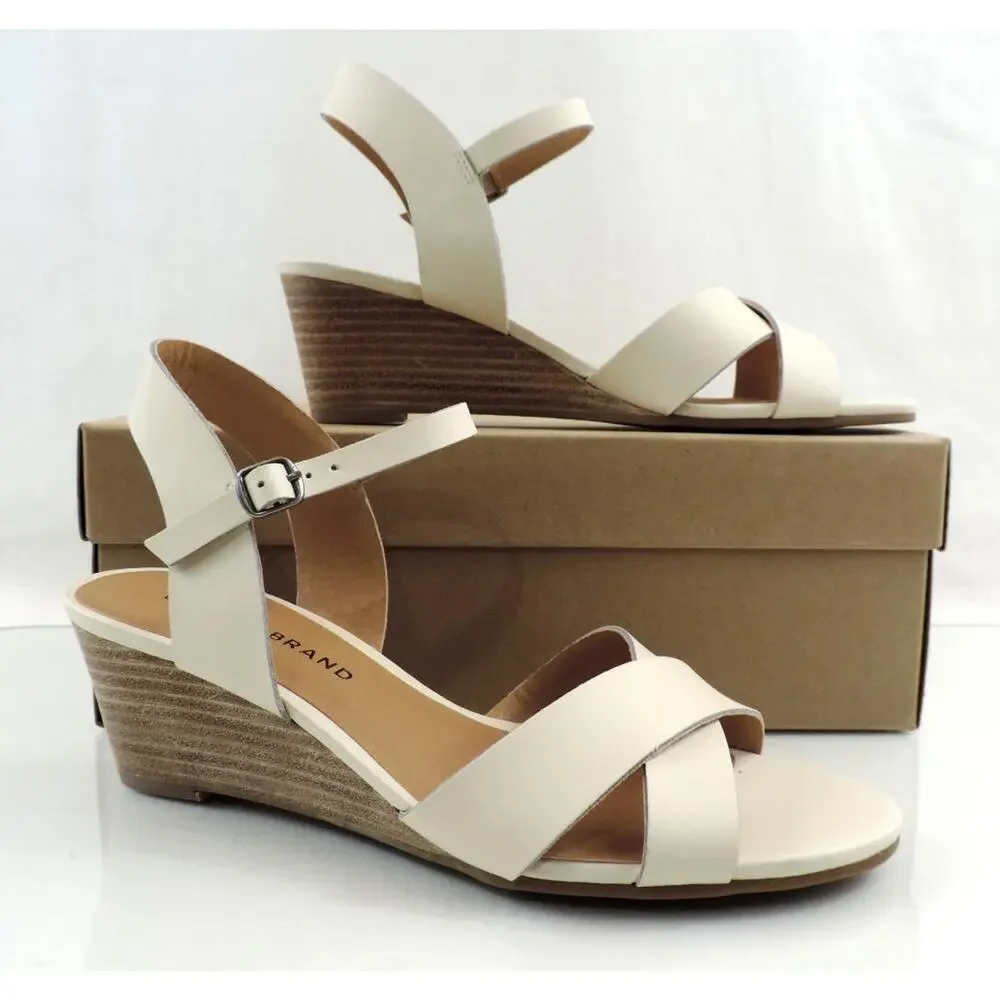 Women's Shoes Lucky Brand Jaidan Low Wedge Sandals Leather Linen Beige Size 10